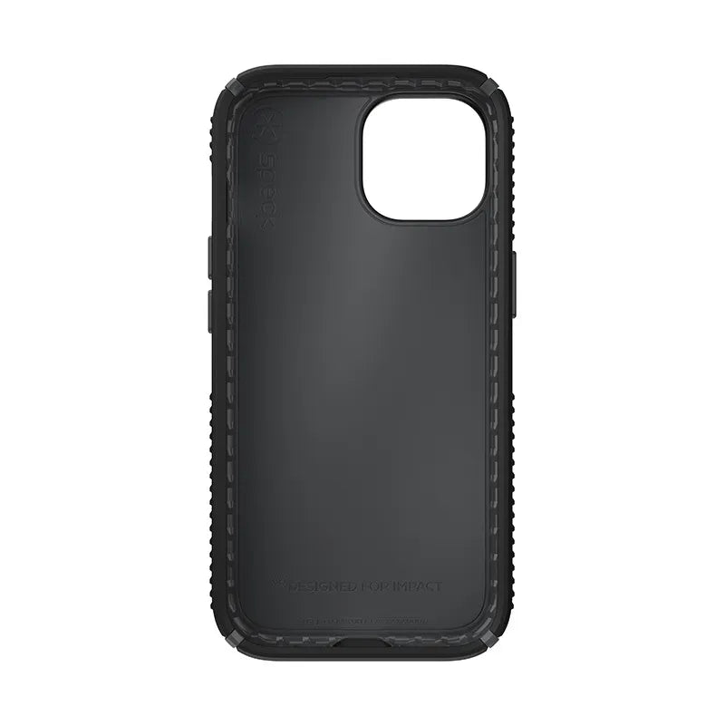 Speck Presidio2 Grip – dėklas, skirtas iPhone 17e / 16e / 15 / 14 / 13 (juoda / pilka / balta)
