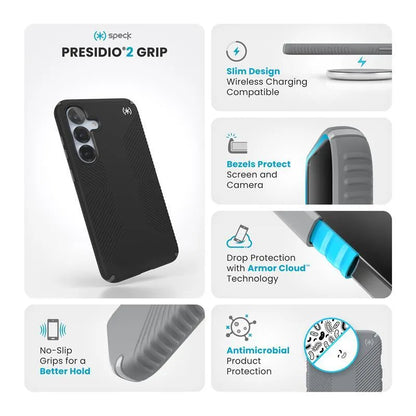 Speck Presidio2 Grip – dėklas, skirtas Samsung Galaxy S25+ / 24+ (juodas/slate pilkas/baltas)
