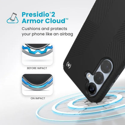 Speck Presidio2 Grip – dėklas, skirtas Samsung Galaxy S25+ / 24+ (juodas/slate pilkas/baltas)