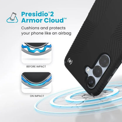 Speck Presidio2 Grip Magnet – dėklas Samsung Galaxy S25 / 24 MagSafe (juodas/skalūno pilkumo/baltas)