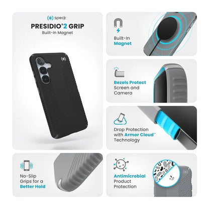 Speck Presidio2 Grip Magnet – dėklas Samsung Galaxy S25 / 24 MagSafe (juodas/skalūno pilkumo/baltas)