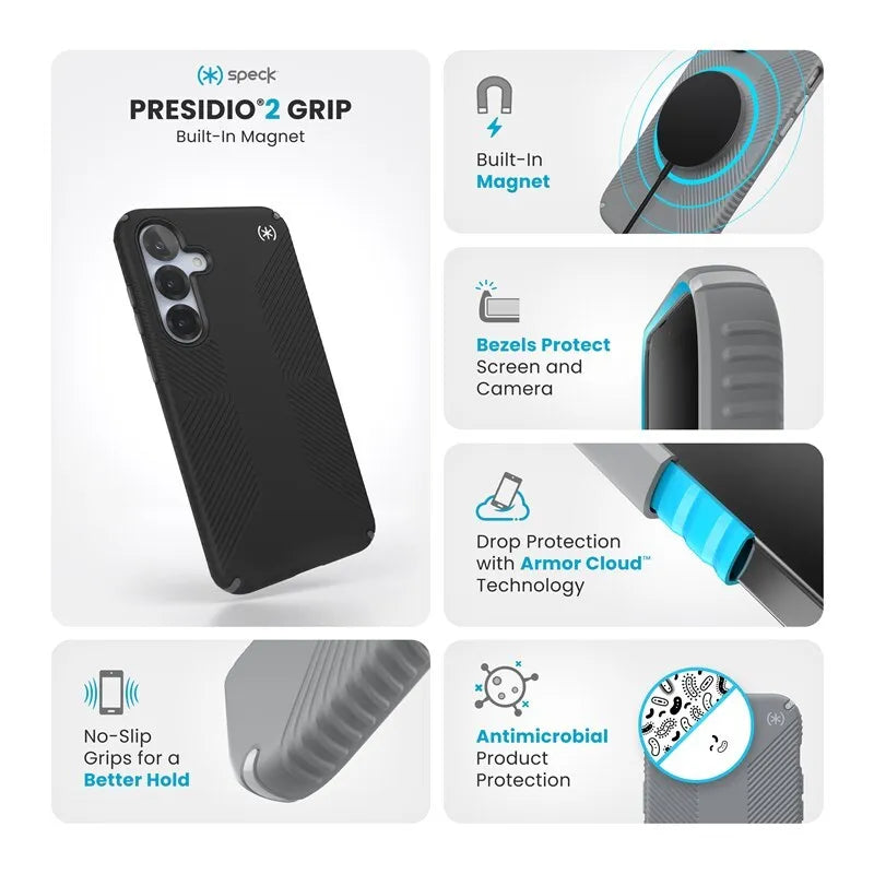 Speck Presidio2 Grip Magnet - Samsung Galaxy S25+ / 24+ MagSafe dėklas (Juoda/Skalbinių Pilka/Balta)