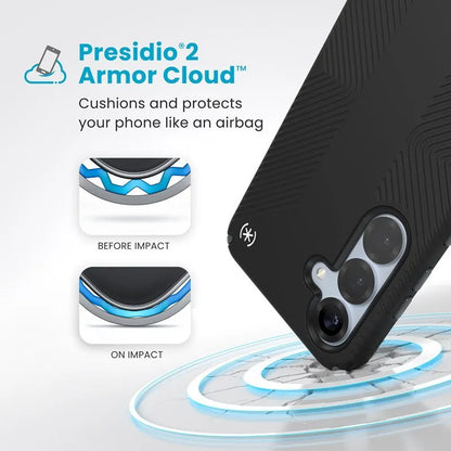 Speck Presidio2 Grip Magnet - Samsung Galaxy S25+ / 24+ MagSafe dėklas (Juoda/Skalbinių Pilka/Balta)