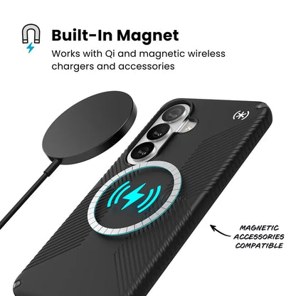 Speck Presidio2 Grip Magnet – Samsung Galaxy S26 MagSafe dėklas (juoda/skalūno pilka/balta)