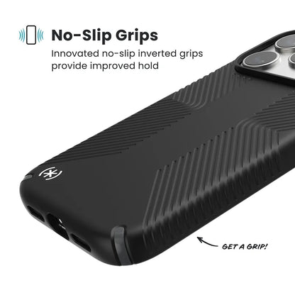 Speck Presidio2 Grip MagSafe – dėklas iPhone 17 Pro (juodos / skalūno pilkos / baltos spalvos)