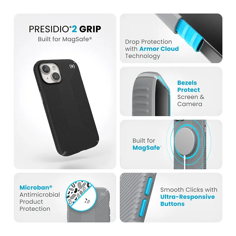 Speck Presidio2 Grip Magsafe - dėklas iPhone 17e / 16e / 15 / 14 / 13 (juodas / akmens pilkumo / baltas)