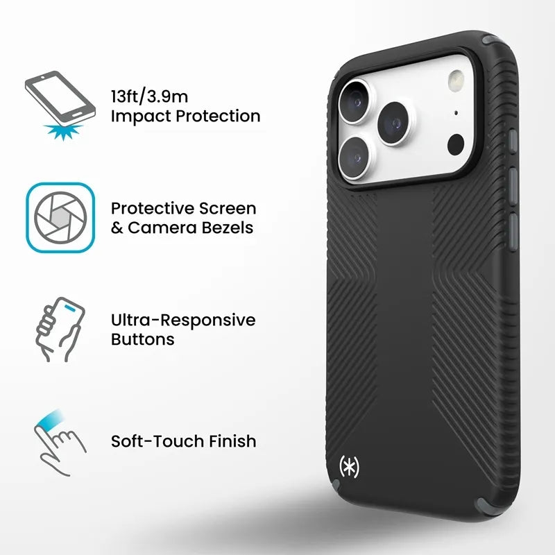 Speck Presidio2 Grip MagSafe – dėklas, skirtas iPhone 18 Pro / 17 Pro (juodas)