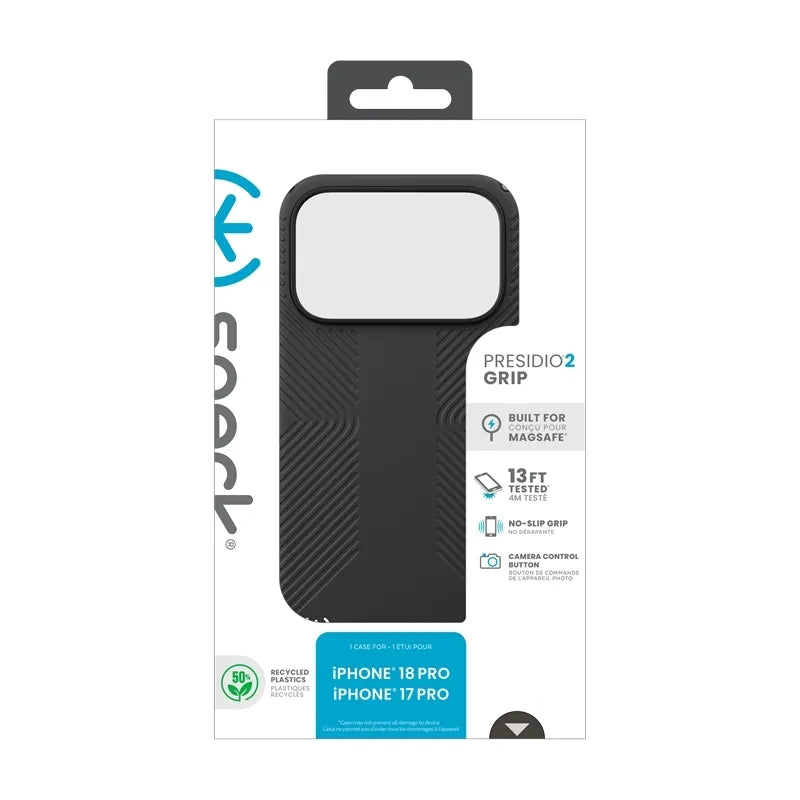 Speck Presidio2 Grip MagSafe – dėklas, skirtas iPhone 18 Pro / 17 Pro (juodas)