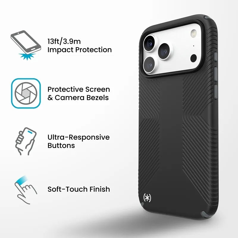 Speck Presidio2 Grip MagSafe – dėklas, skirtas iPhone 18 Pro Max / 17 Pro Max (juodas)