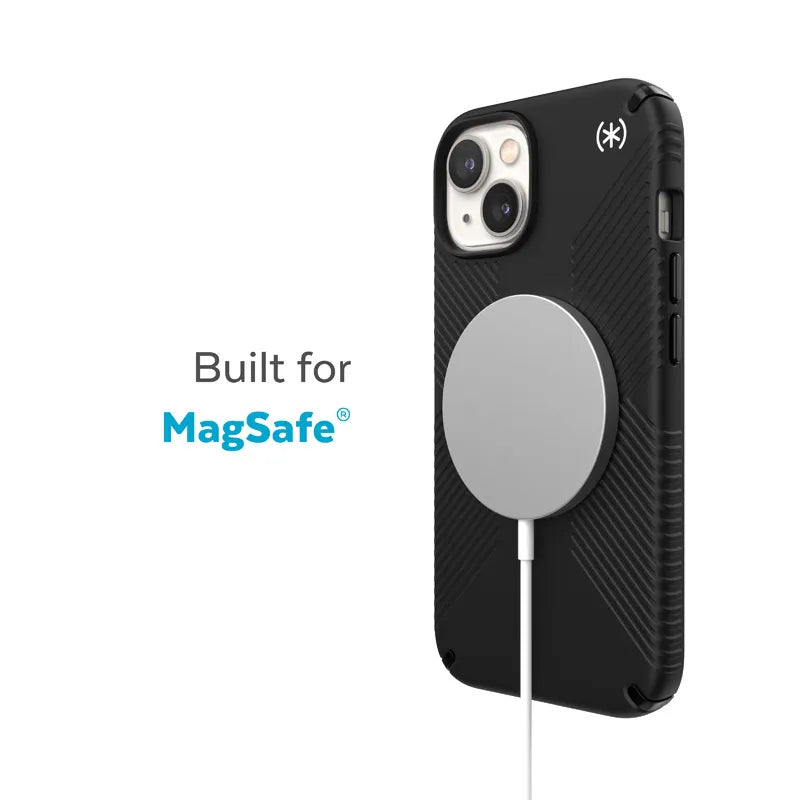 Speck Presidio2 Grip MagSafe – neslidus iPhone 14 Plus dėklas (juodas / juodas / baltas)