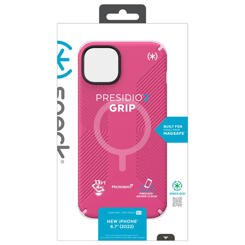Speck Presidio2 Grip MagSafe – neslystantis „iPhone 14 Plus“ dėklas (Digitalpink / Blossompink / White)