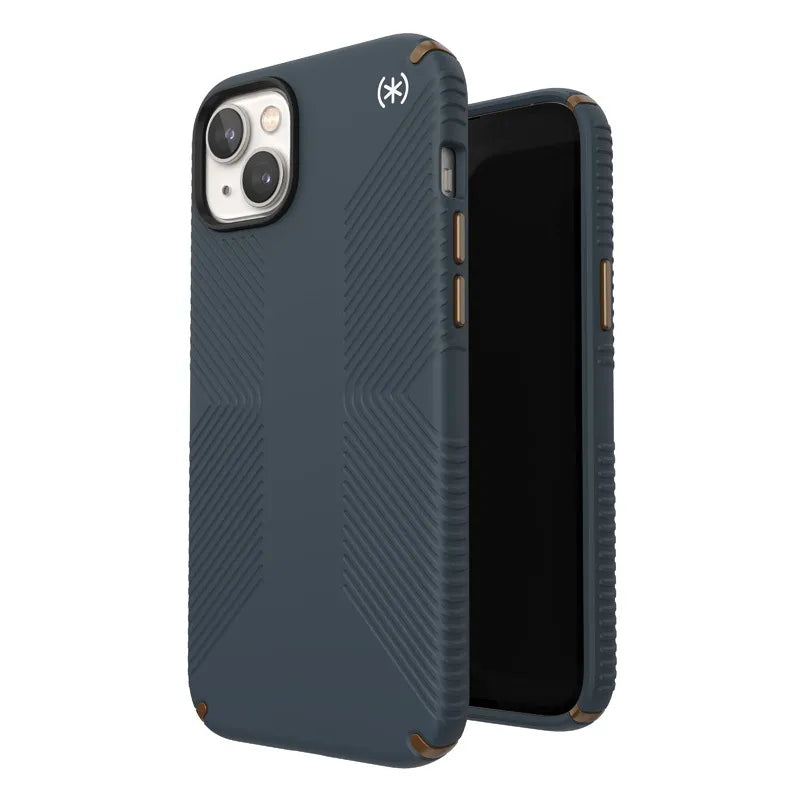 Speck Presidio2 Grip – neslystantis iPhone 15 Plus / 14 Plus dėklas (anglies / vėsiai bronzos / skalūno)