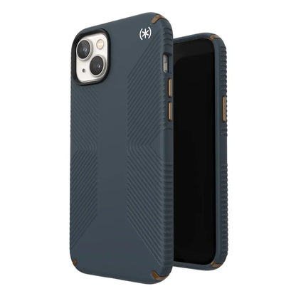 Speck Presidio2 Grip – neslystantis iPhone 15 Plus / 14 Plus dėklas (anglies / vėsiai bronzos / skalūno)