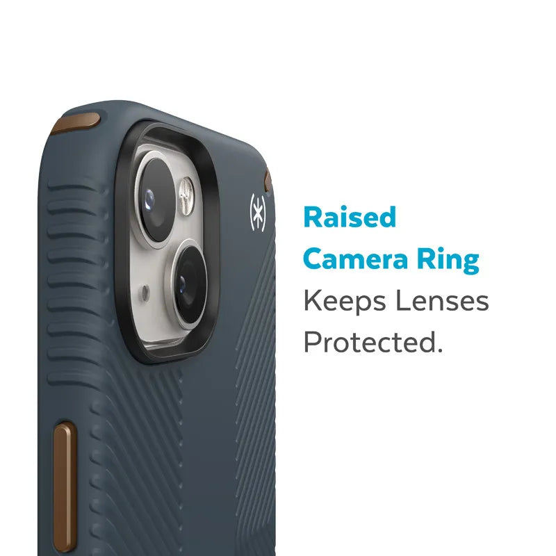 Speck Presidio2 Grip – neslystantis iPhone 15 Plus / 14 Plus dėklas (anglies / vėsiai bronzos / skalūno)