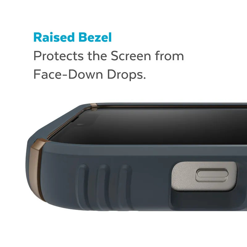 Speck Presidio2 Grip – neslystantis iPhone 15 Plus / 14 Plus dėklas (anglies / vėsiai bronzos / skalūno)