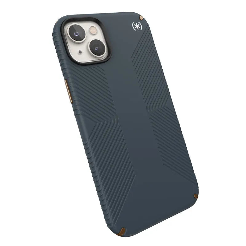 Speck Presidio2 Grip – neslystantis iPhone 15 Plus / 14 Plus dėklas (anglies / vėsiai bronzos / skalūno)