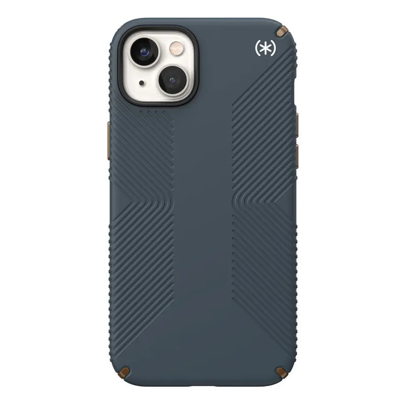 Speck Presidio2 Grip – neslystantis iPhone 15 Plus / 14 Plus dėklas (anglies / vėsiai bronzos / skalūno)