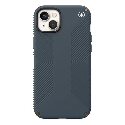 Speck Presidio2 Grip – neslystantis iPhone 15 Plus / 14 Plus dėklas (anglies / vėsiai bronzos / skalūno)
