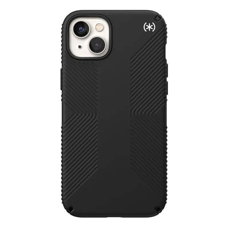 Speck Presidio2 Grip – neslystantis iPhone 15 Plus / 14 Plus dėklas (juodas / juodas / baltas)