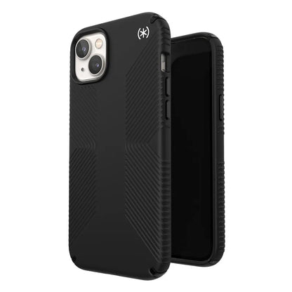 Speck Presidio2 Grip – neslystantis iPhone 15 Plus / 14 Plus dėklas (juodas / juodas / baltas)