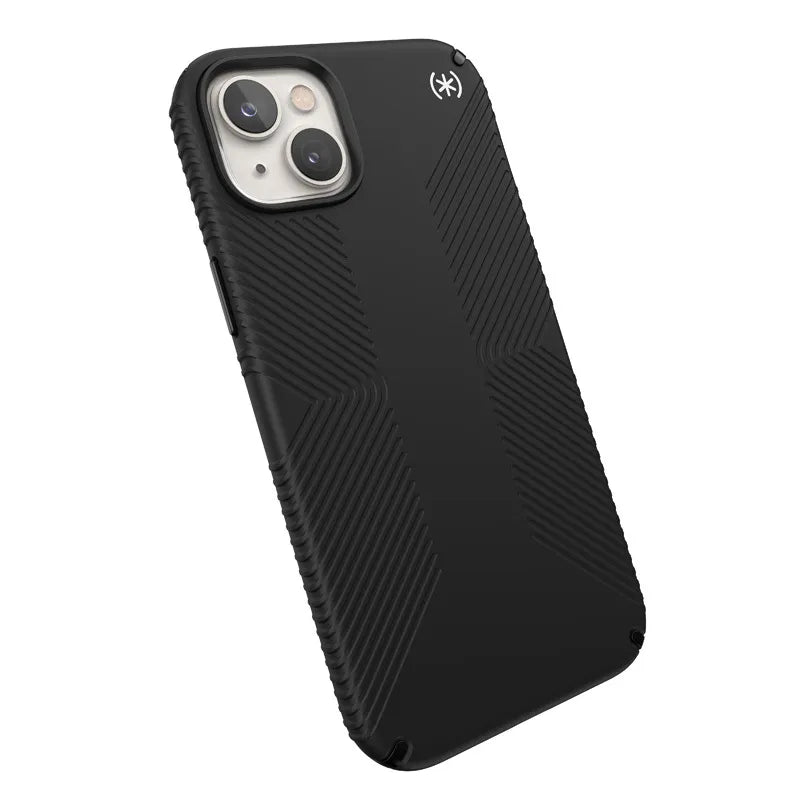 Speck Presidio2 Grip – neslystantis iPhone 15 Plus / 14 Plus dėklas (juodas / juodas / baltas)