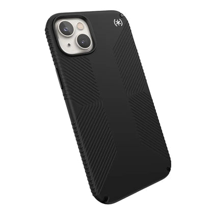 Speck Presidio2 Grip – neslystantis iPhone 15 Plus / 14 Plus dėklas (juodas / juodas / baltas)