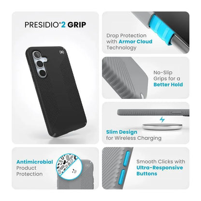 Speck Presidio2 Grip – Samsung Galaxy S24 FE dėklas (juoda/plieninė pilka/balta)
