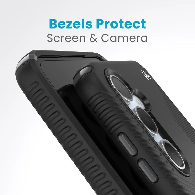 Speck Presidio2 Grip – Samsung Galaxy S24 FE dėklas (juoda/plieninė pilka/balta)