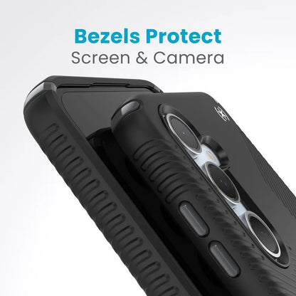 Speck Presidio2 Grip – Samsung Galaxy S24 FE dėklas (juoda/plieninė pilka/balta)