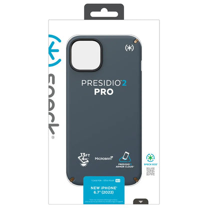 Speck Presidio2 Pro – Antibakterinis dėklas telefonui iPhone 15 Plus / 14 Plus (anglies / vėsios bronzos / skalūno spalvos)