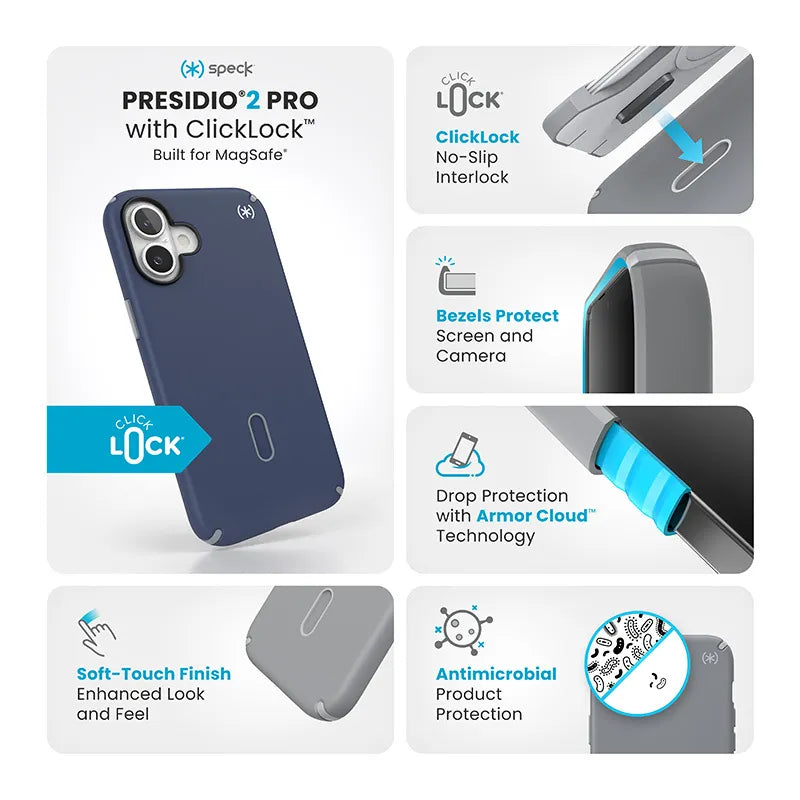 Speck Presidio2 Pro ClickLock ir MagSafe dėklas – iPhone 16 Plus dėklas (Coastal Blue / Dust Gray / White)