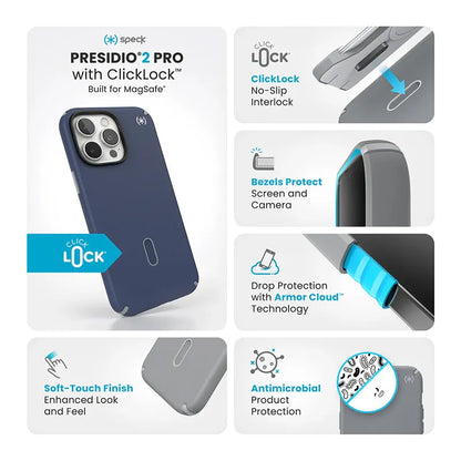 Speck Presidio2 Pro ClickLock ir MagSafe dėklas „iPhone 16 Pro Max“ (Coastal Blue / Dust Gray / White)