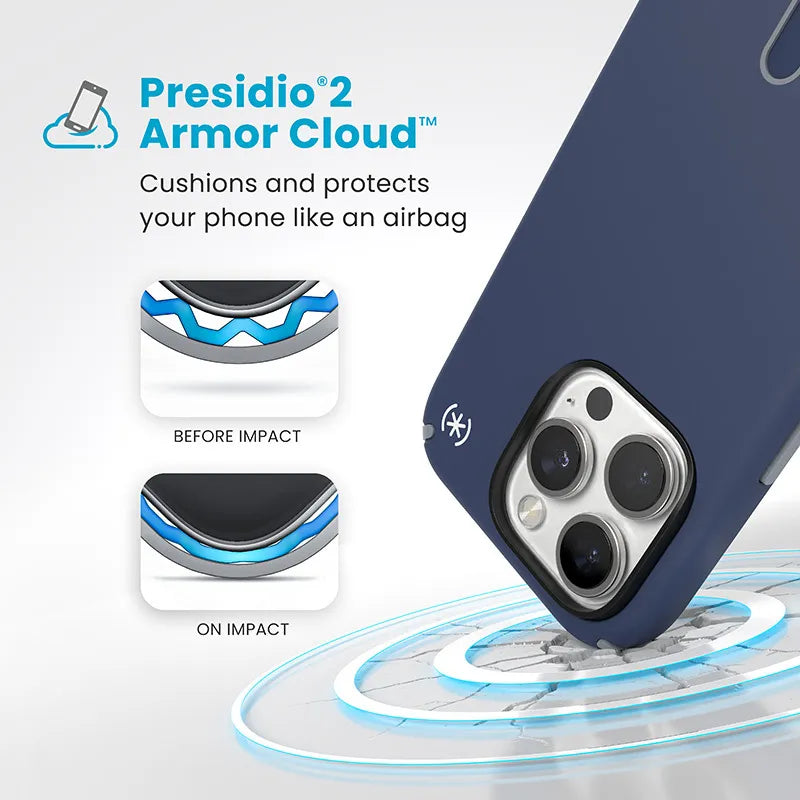Speck Presidio2 Pro ClickLock ir MagSafe – iPhone 16 Pro dėklas (Coastal Blue / Dust Gray / White)