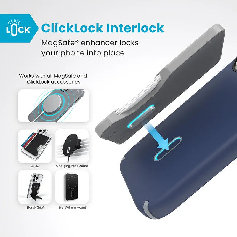 Speck Presidio2 Pro ClickLock ir MagSafe – iPhone 16 Pro dėklas (Coastal Blue / Dust Gray / White)