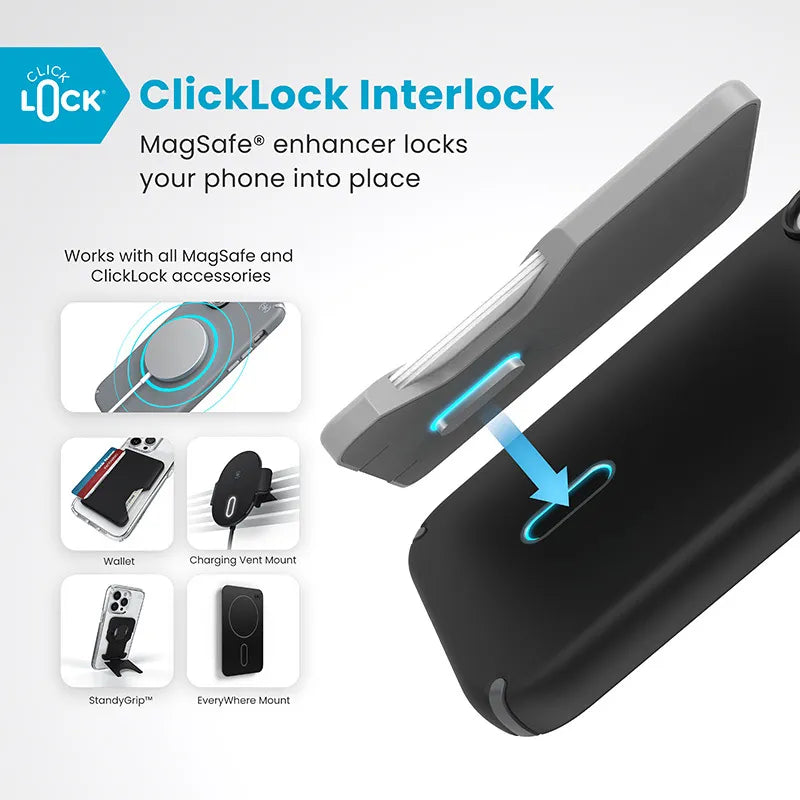 Speck Presidio2 Pro ClickLock & MagSafe - Dėklas iPhone 16 (Juodos / Šalavijų pilkos / Baltos spalvos)
