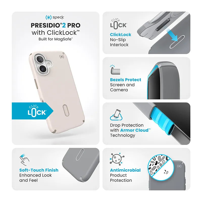 Speck Presidio2 Pro ClickLock & MagSafe – iPhone 16 dėklas (Bleached Bone / Heirloom Gold / Hazel Brown)