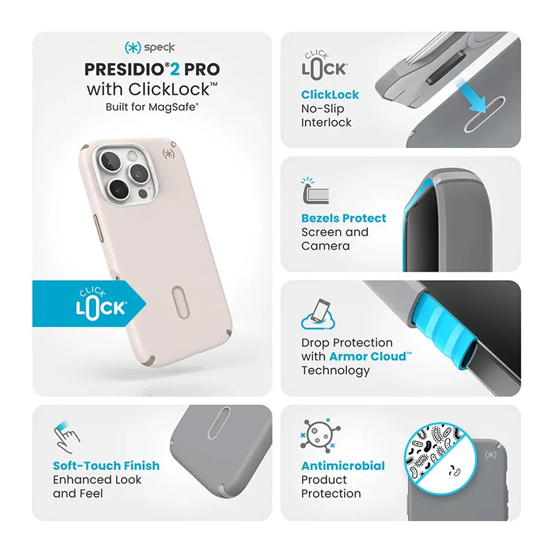 Speck Presidio2 Pro ClickLock & MagSafe – iPhone 16 Pro dėklas (Bleached Bone / Heirloom Gold / Hazel Brown)