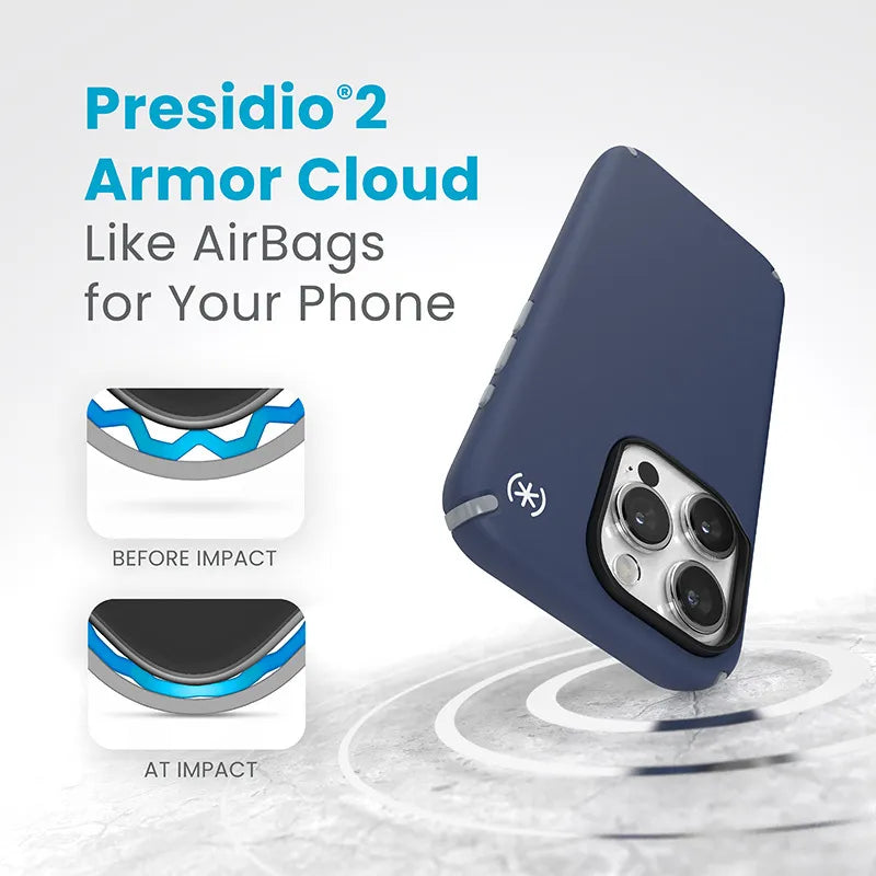 Speck Presidio2 Pro Magsafe dėklas – iPhone 15 Pro (Coastal Blue / Dust Gray / White)