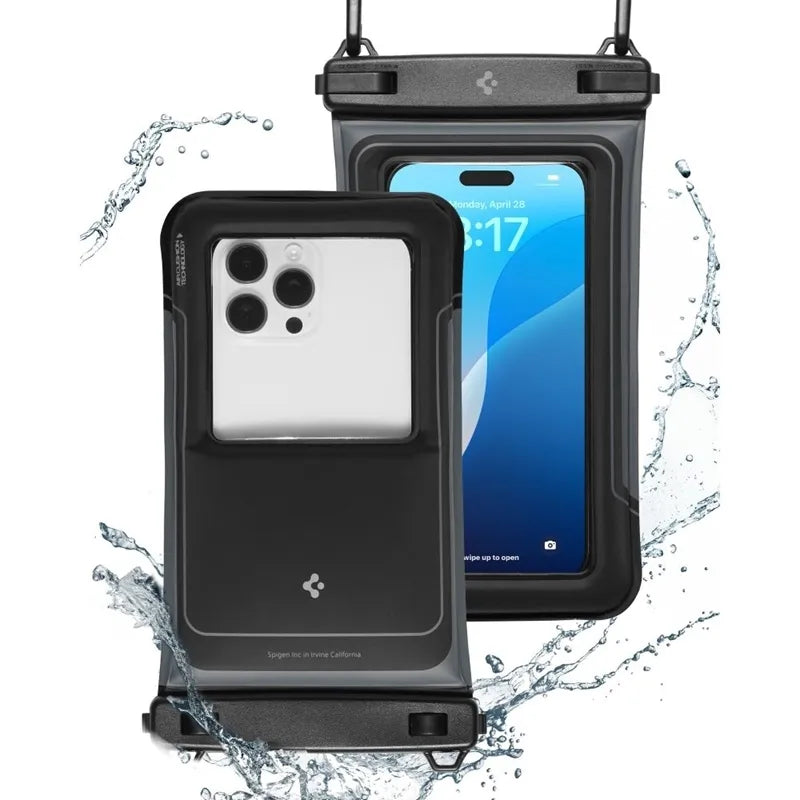 Spigen A611P Universalus vandeniui atsparus plūduriuojantis dėklas, 2 vnt. – Vandeniui atsparus dėklas išmaniesiems telefonams iki 6,9" (Matinė juoda)