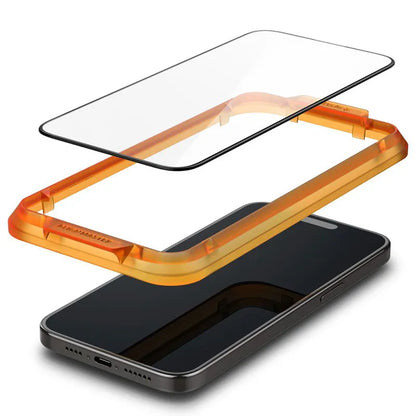 Spigen Alm Glass FC 2-Pack – Grūdintas stiklas iPhone 15 (2 vnt., juodu rėmeliu)