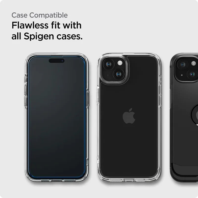Spigen Alm Glass FC 2-Pack – Grūdintas stiklas iPhone 15 (2 vnt., juodu rėmeliu)
