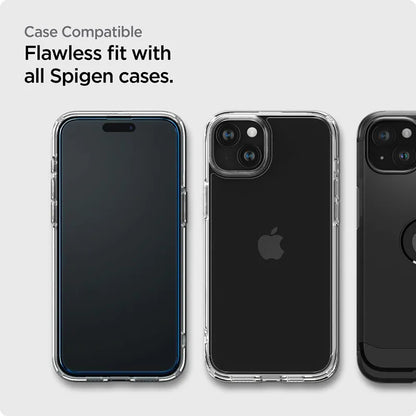 Spigen Alm Glass FC 2-Pack – Grūdintas stiklas iPhone 15 (2 vnt., juodu rėmeliu)