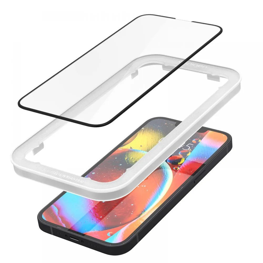 Spigen Alm Glass FC – Grūdinto stiklo ekrano apsauga, skirta iPhone 17e / 16e / 14 / 13 / 13 Pro (juodais rėmeliais)