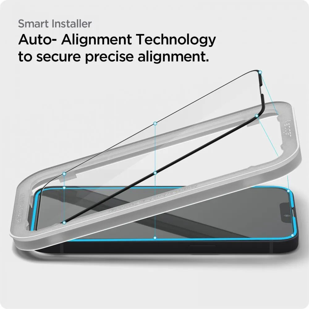 Spigen Alm Glass FC – Grūdinto stiklo ekrano apsauga, skirta iPhone 17e / 16e / 14 / 13 / 13 Pro (juodais rėmeliais)