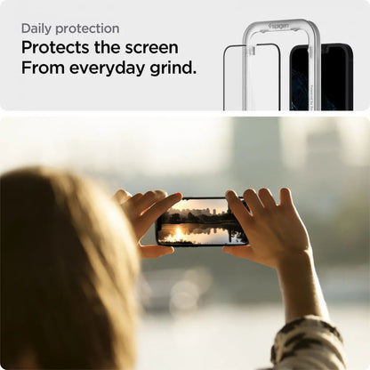 Spigen Alm Glass FC – Grūdinto stiklo ekrano apsauga, skirta iPhone 17e / 16e / 14 / 13 / 13 Pro (juodais rėmeliais)