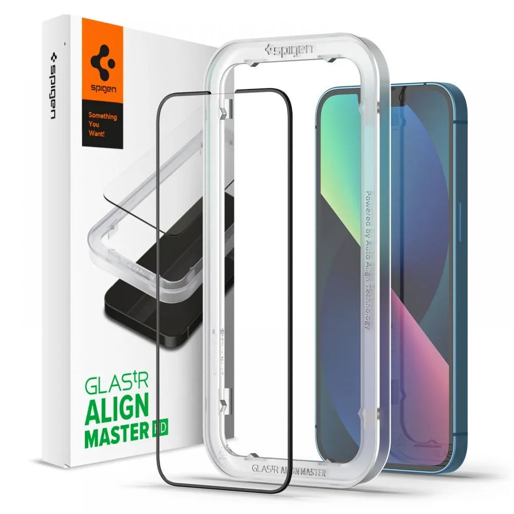 Spigen Alm Glass FC – Grūdinto stiklo ekrano apsauga, skirta iPhone 17e / 16e / 14 / 13 / 13 Pro (juodais rėmeliais)