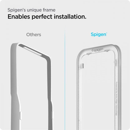 Spigen Alm Glass FC – Grūdinto stiklo ekrano apsauga, skirta iPhone 17e / 16e / 14 / 13 / 13 Pro (juodais rėmeliais)
