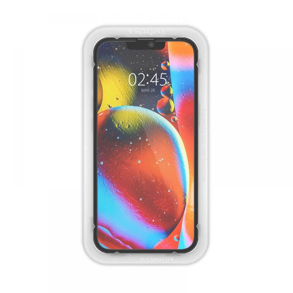 Spigen Alm Glass FC rinkinys iš 2 vnt. – Grūdintas stiklas, skirtas iPhone 17e / 16e / 14 / 13 / 13 Pro, 2 vnt. (juodi rėmeliai)