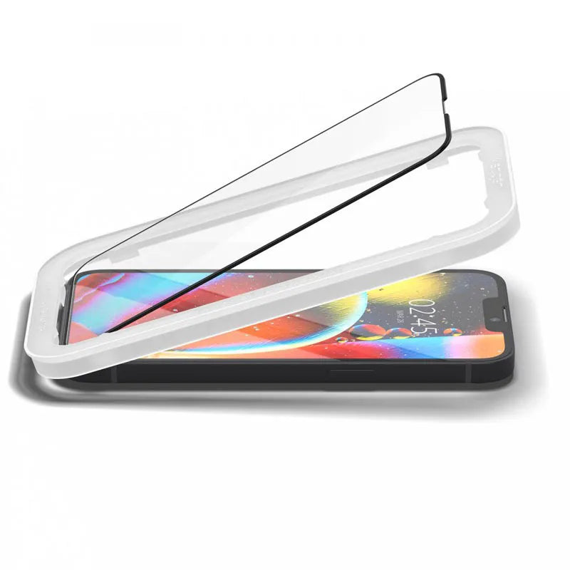 Spigen Alm Glass FC rinkinys iš 2 vnt. – Grūdintas stiklas, skirtas iPhone 17e / 16e / 14 / 13 / 13 Pro, 2 vnt. (juodi rėmeliai)