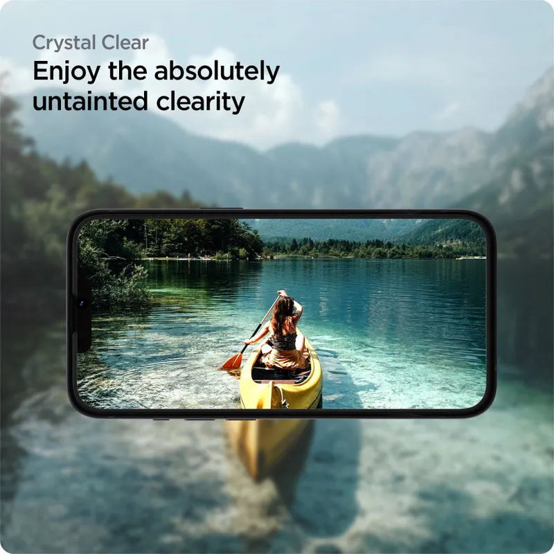 Spigen Alm Glass FC rinkinys iš 2 vnt. – Grūdintas stiklas, skirtas iPhone 17e / 16e / 14 / 13 / 13 Pro, 2 vnt. (juodi rėmeliai)